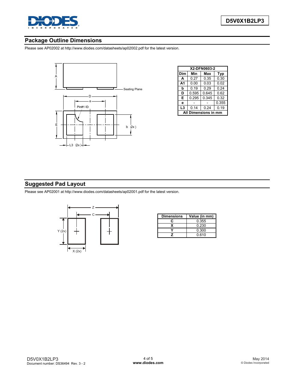Package outline dimensions, Suggested pad layout | Diodes D5V0X1B2LP3 User Manual | Page 4 / 5