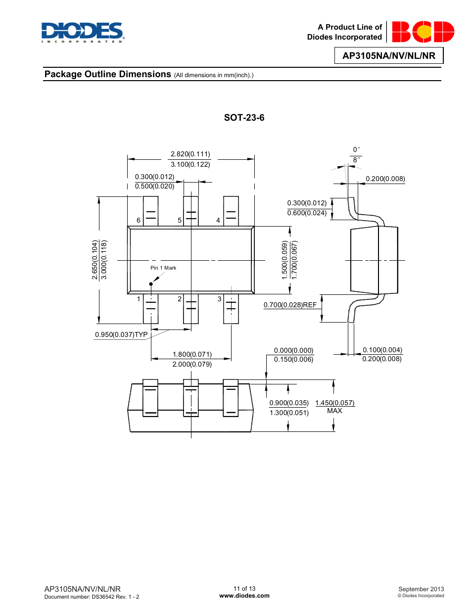 Ap3105na/nv/nl/nr, Package outline dimensions, Sot-23-6 | Diodes AP3105NA/NV/NL/NR User Manual | Page 11 / 13