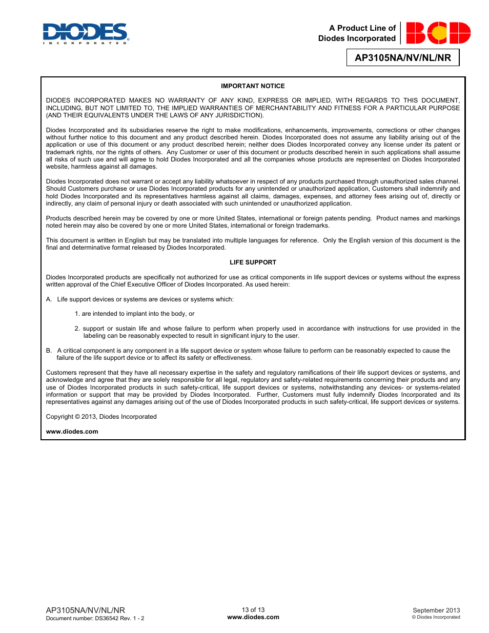 Ap3105na/nv/nl/nr | Diodes AP3105NA/NV/NL/NR User Manual | Page 13 / 13