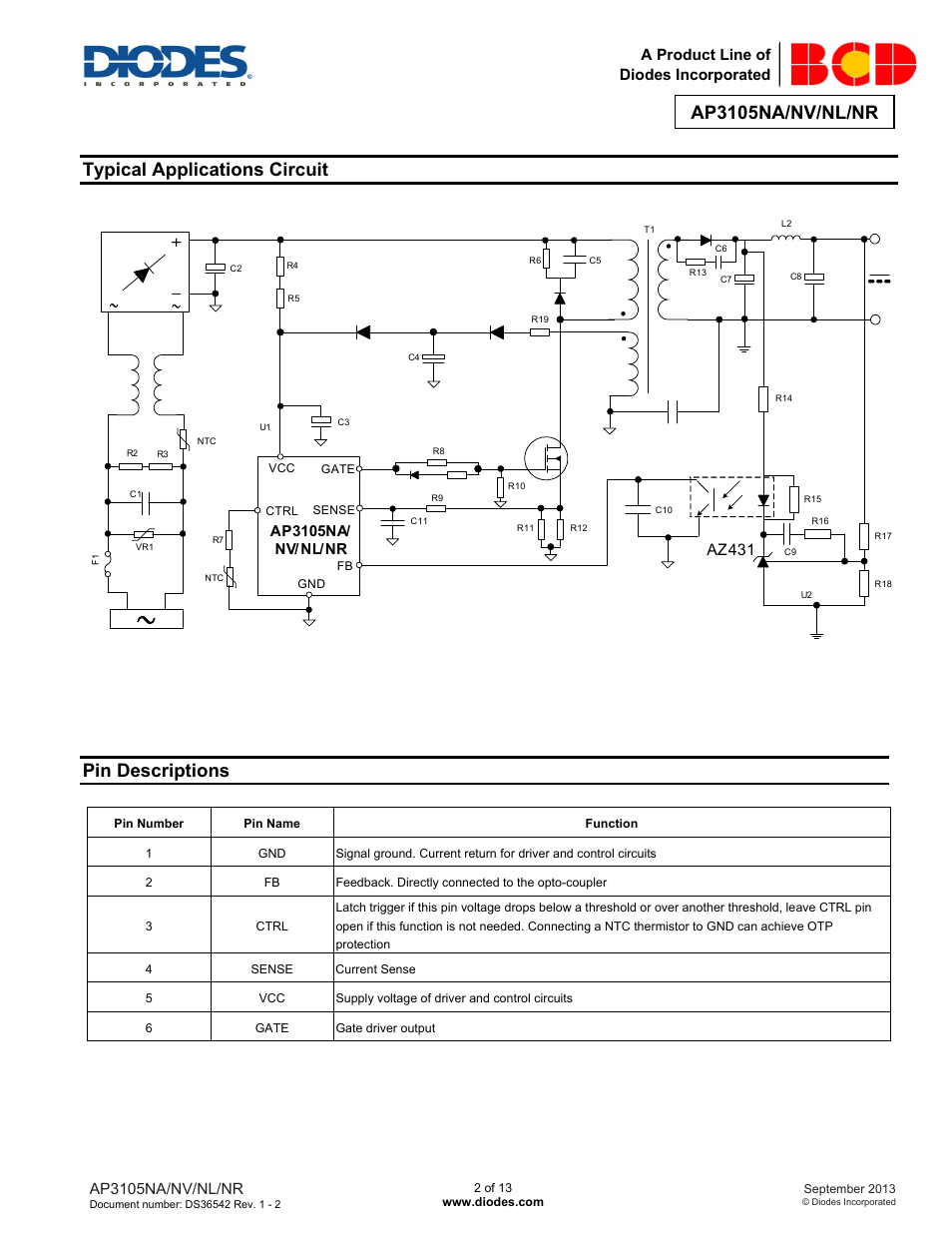 Ap3105na/nv/nl/nr, Typical applications circuit, Pin descriptions | Diodes AP3105NA/NV/NL/NR User Manual | Page 2 / 13