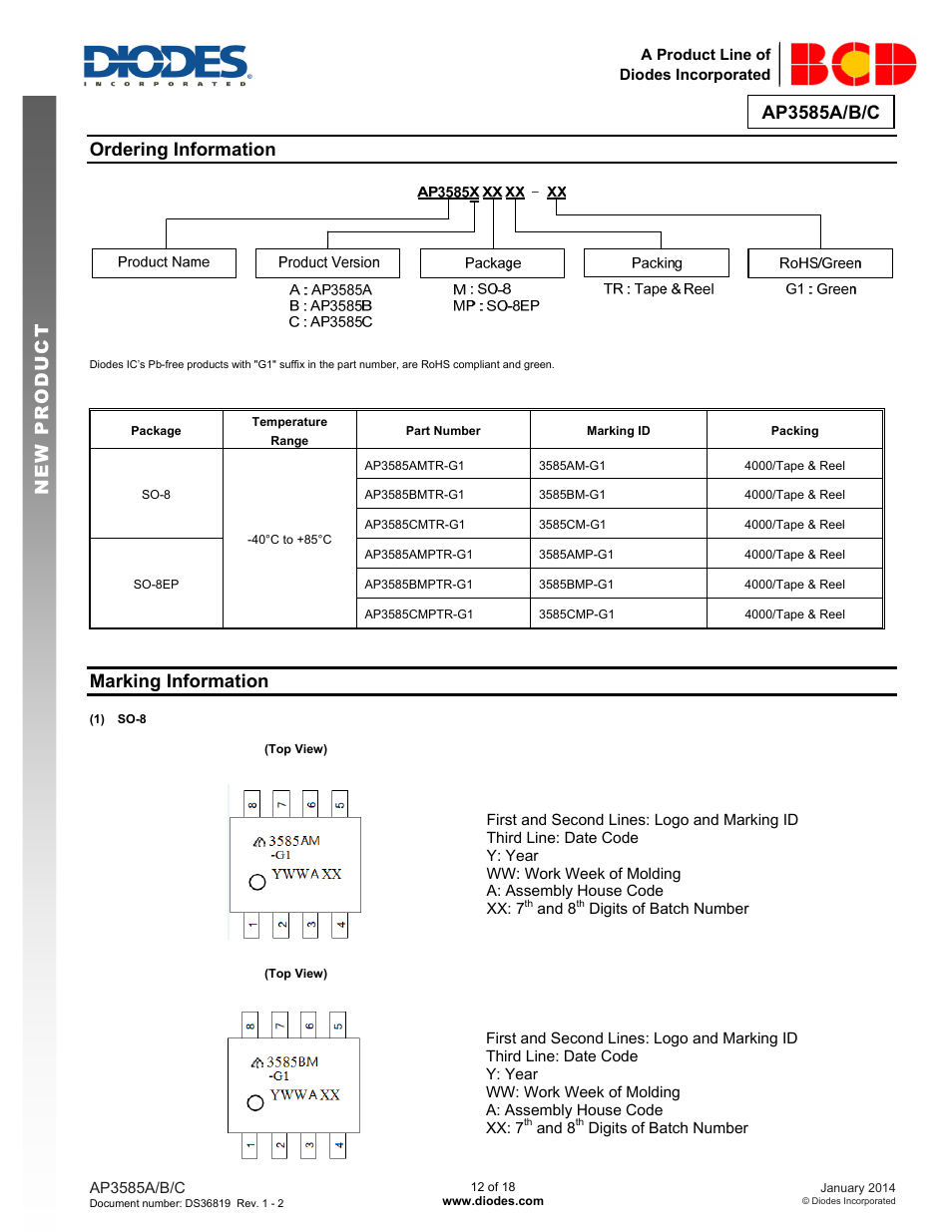 Ap3585a/b/c, New prod uc t ordering information, Marking information | Diodes AP3585A/B/C User Manual | Page 12 / 18
