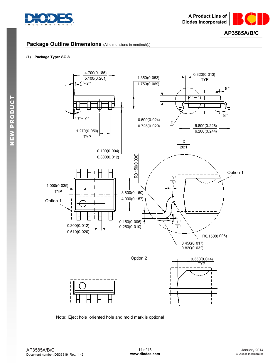 Ap3585a/b/c, New prod uc t package outline dimensions | Diodes AP3585A/B/C User Manual | Page 14 / 18
