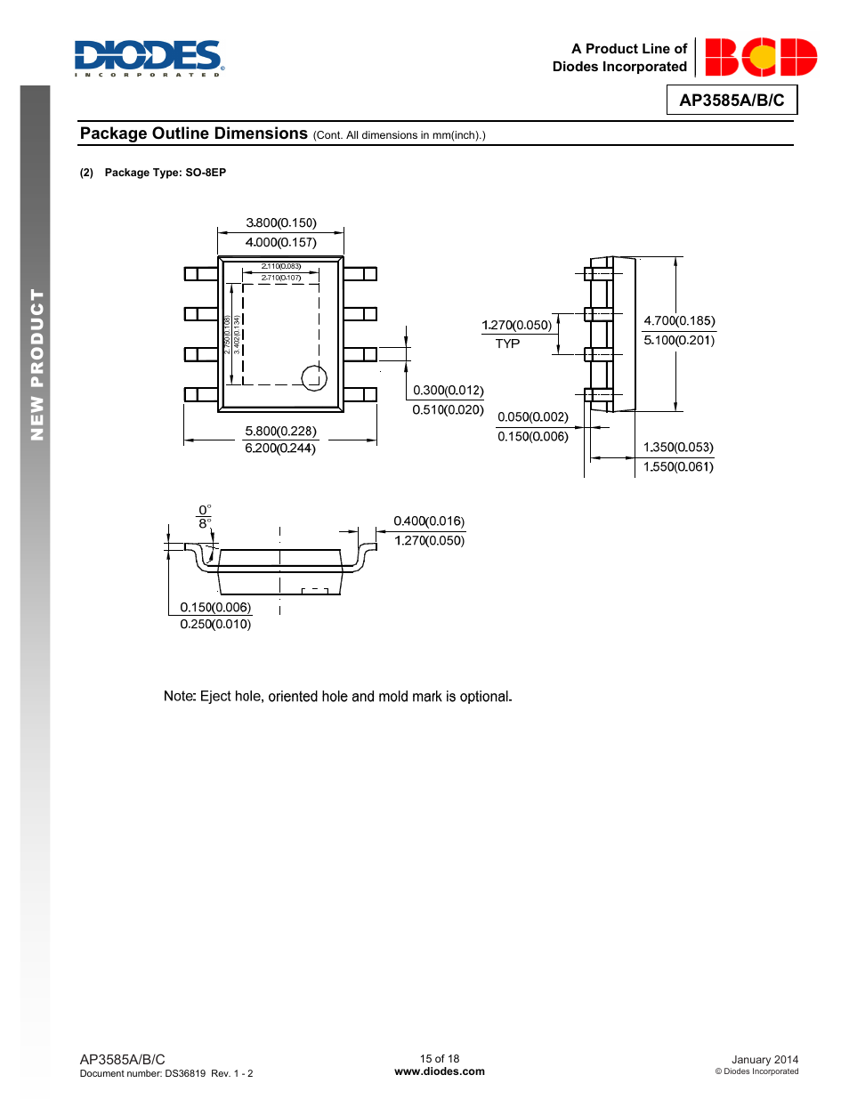 Ap3585a/b/c, New prod uc t package outline dimensions | Diodes AP3585A/B/C User Manual | Page 15 / 18