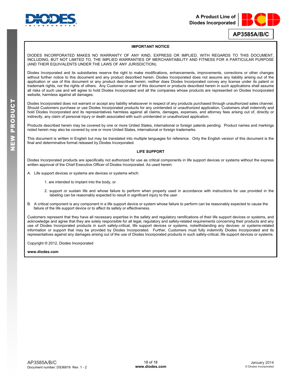 Ap3585a/b/c, New prod uc t | Diodes AP3585A/B/C User Manual | Page 18 / 18