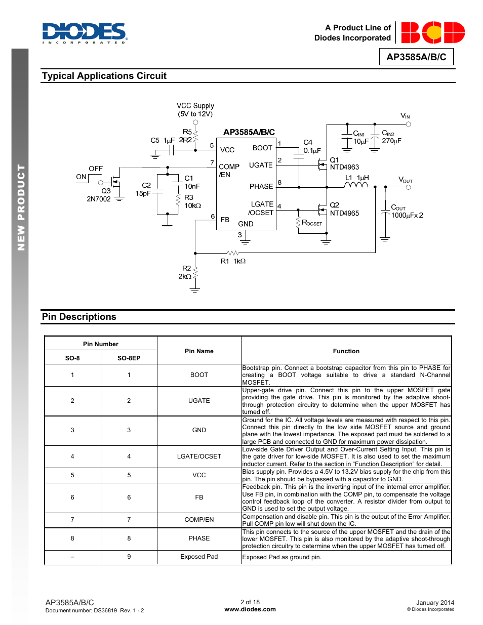 Ap3585a/b/c, New prod uc t typical applications circuit, Pin descriptions | Diodes AP3585A/B/C User Manual | Page 2 / 18