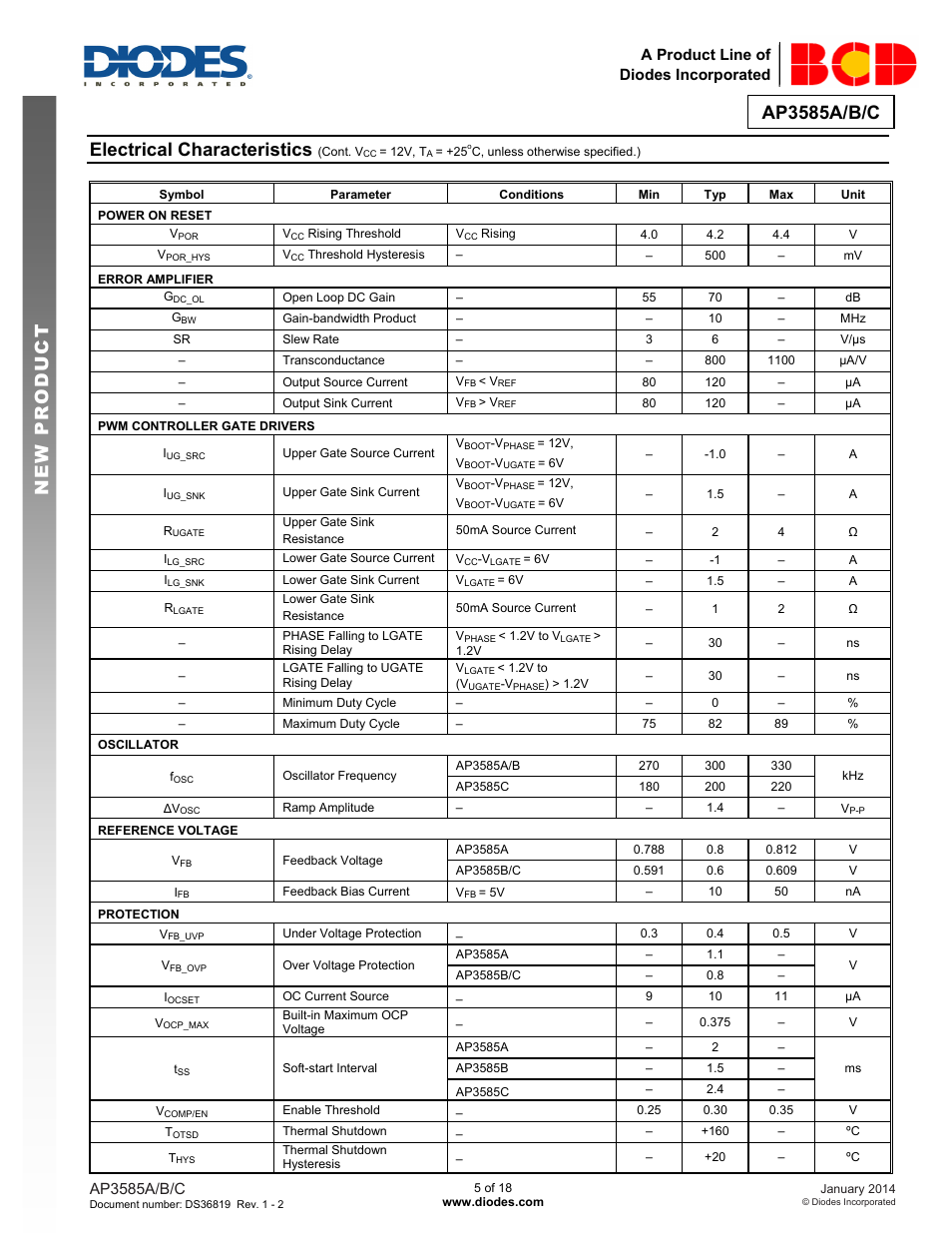 Ap3585a/b/c, New prod uc t electrical characteristics | Diodes AP3585A/B/C User Manual | Page 5 / 18
