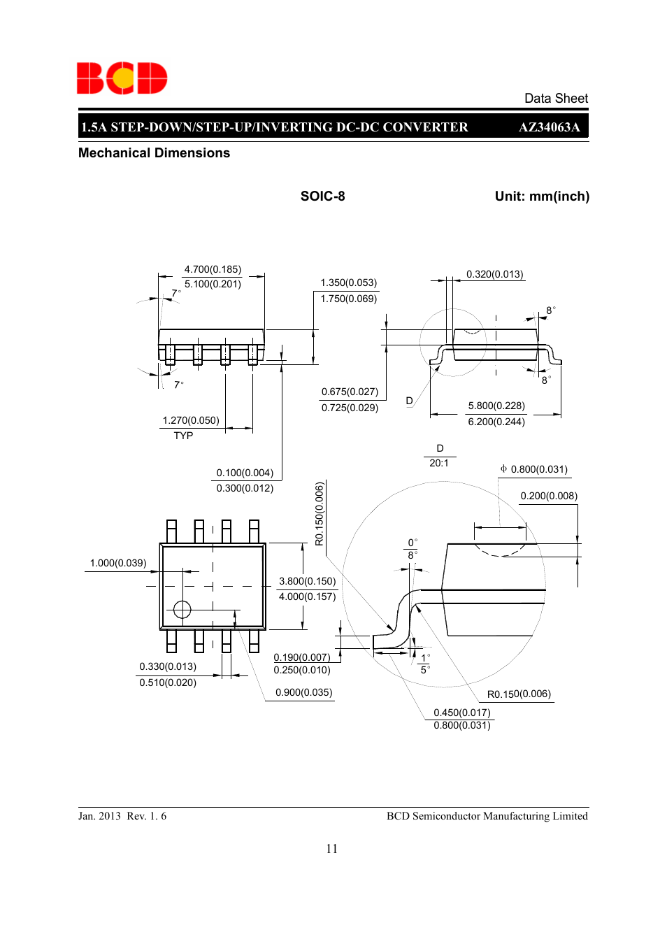 Mechanical dimensions soic-8 unit: mm(inch) | Diodes AZ34063A User Manual | Page 11 / 13