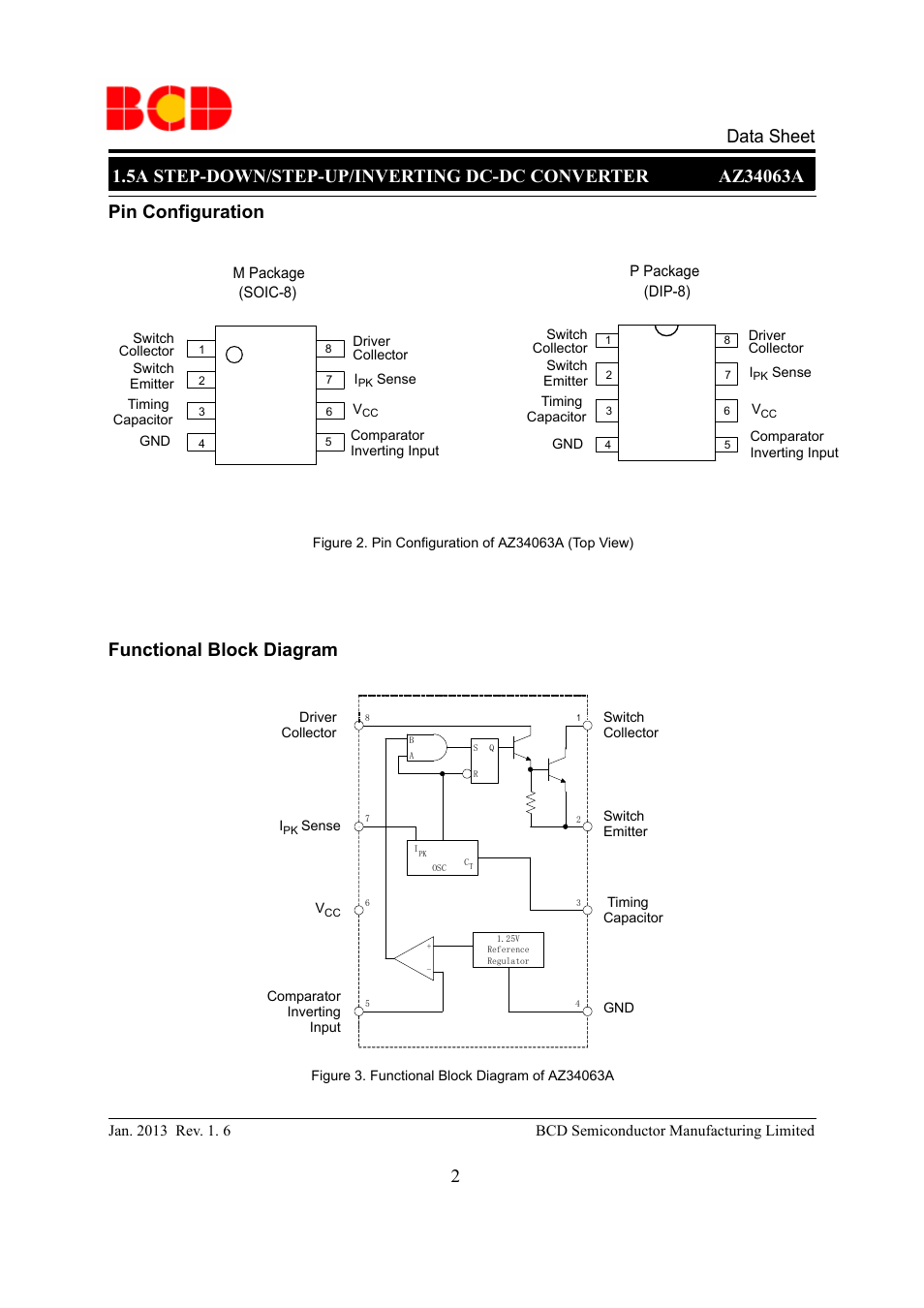 Pin configuration functional block diagram | Diodes AZ34063A User Manual | Page 2 / 13