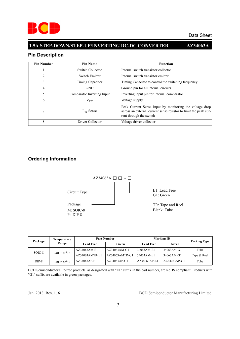 Pin description ordering information | Diodes AZ34063A User Manual | Page 3 / 13