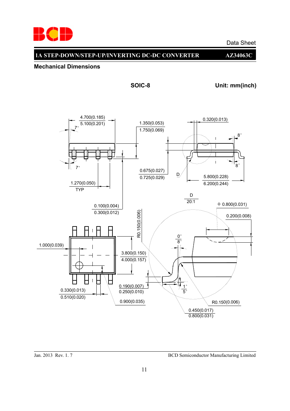 Mechanical dimensions soic-8 unit: mm(inch) | Diodes AZ34063C User Manual | Page 11 / 13