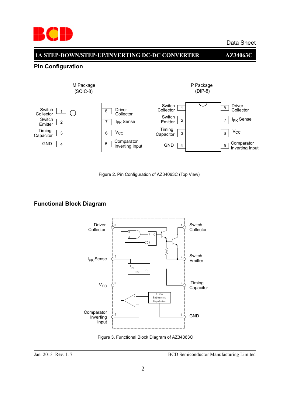 Pin configuration functional block diagram | Diodes AZ34063C User Manual | Page 2 / 13