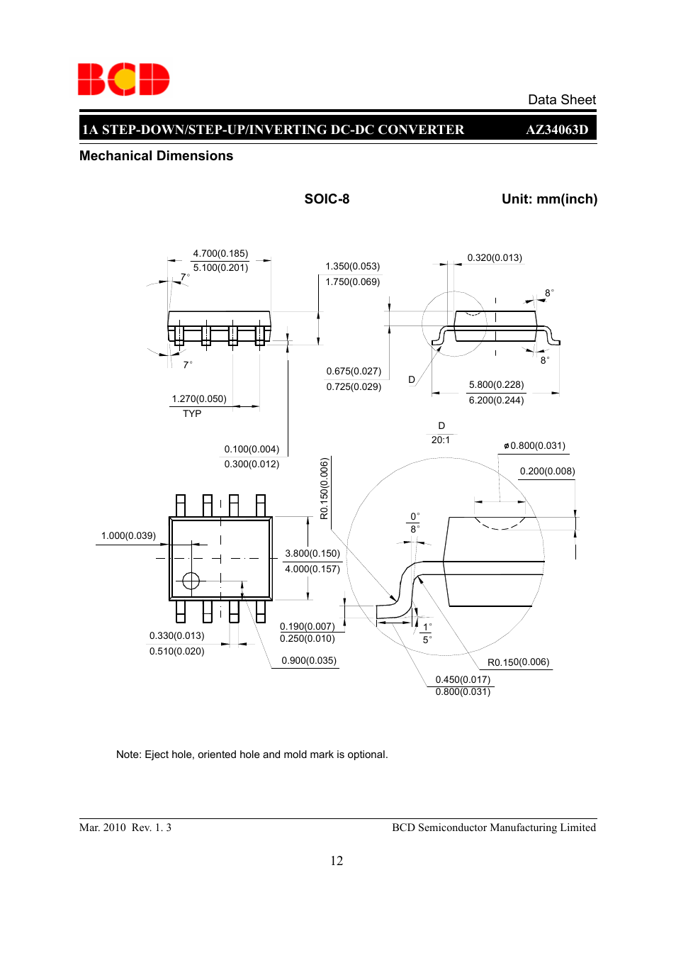 Mechanical dimensions soic-8 unit: mm(inch) | Diodes AZ34063D User Manual | Page 12 / 14