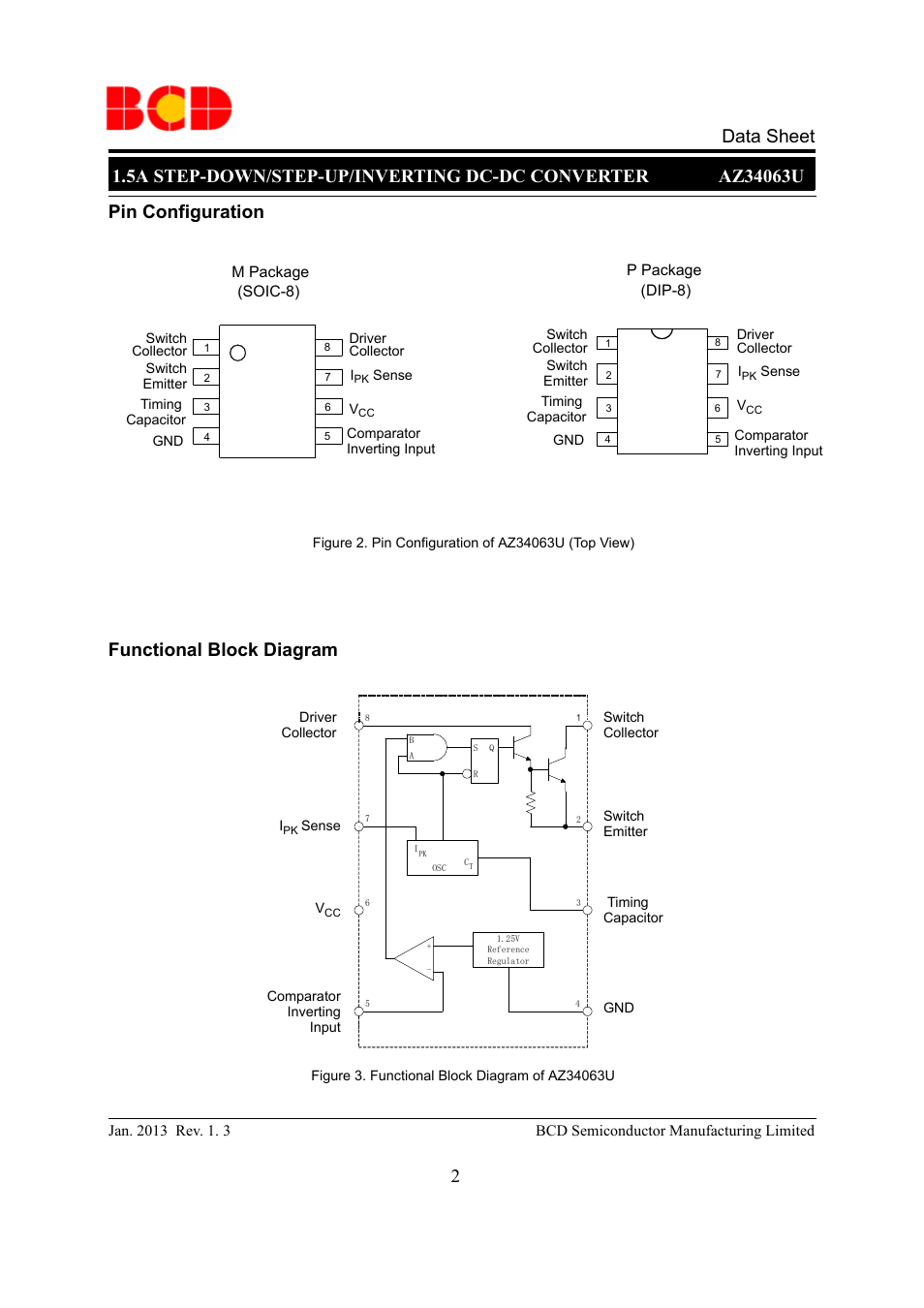 Data sheet, Pin configuration functional block diagram | Diodes AZ34063U User Manual | Page 2 / 14