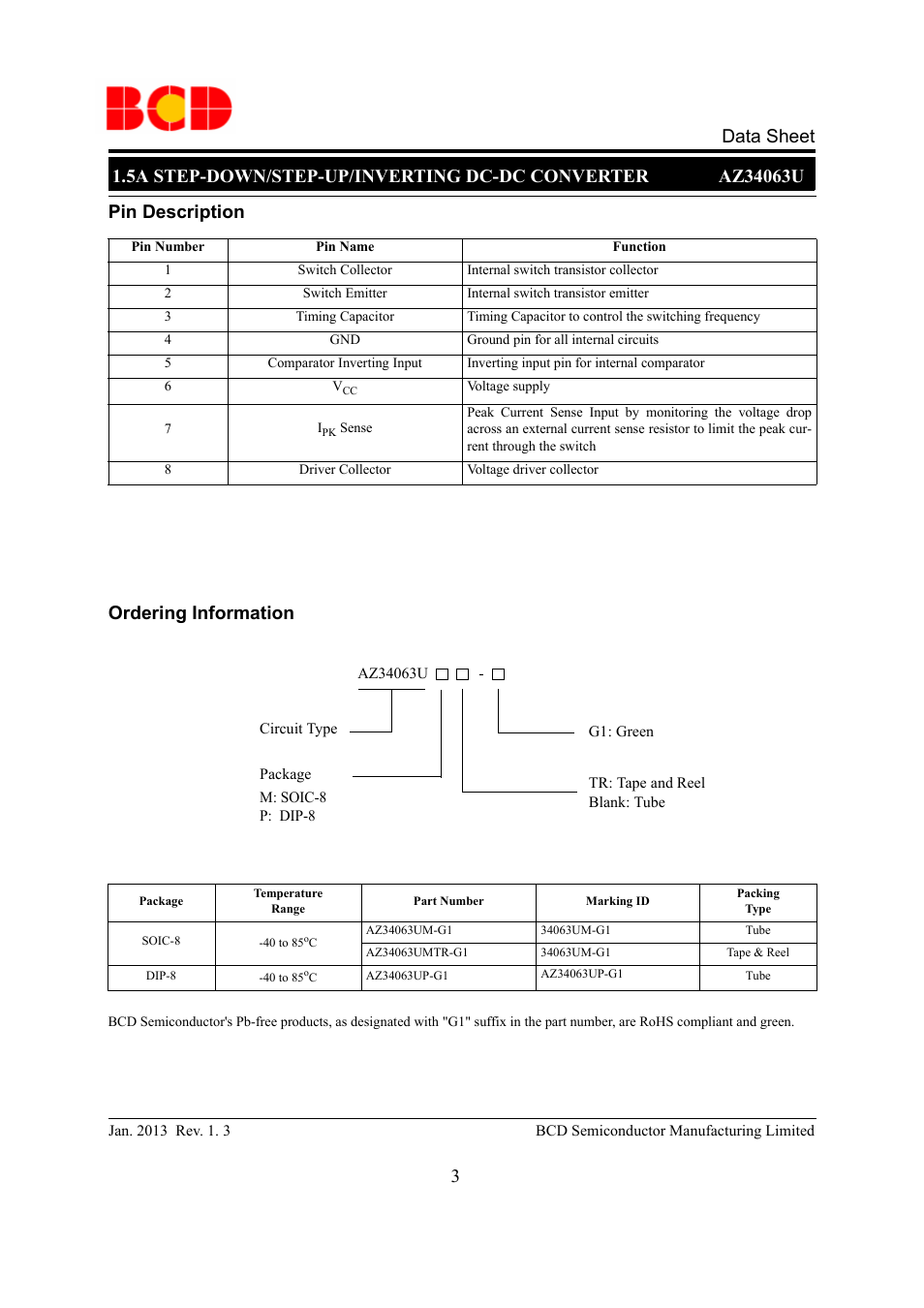 Data sheet, Pin description ordering information | Diodes AZ34063U User Manual | Page 3 / 14