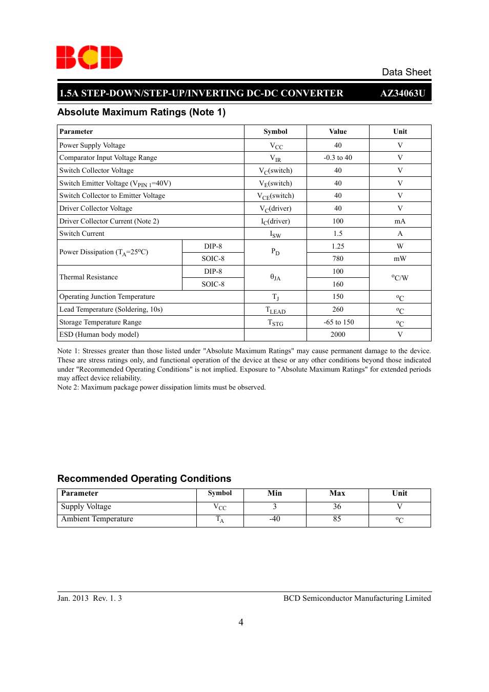 Data sheet, Recommended operating conditions | Diodes AZ34063U User Manual | Page 4 / 14