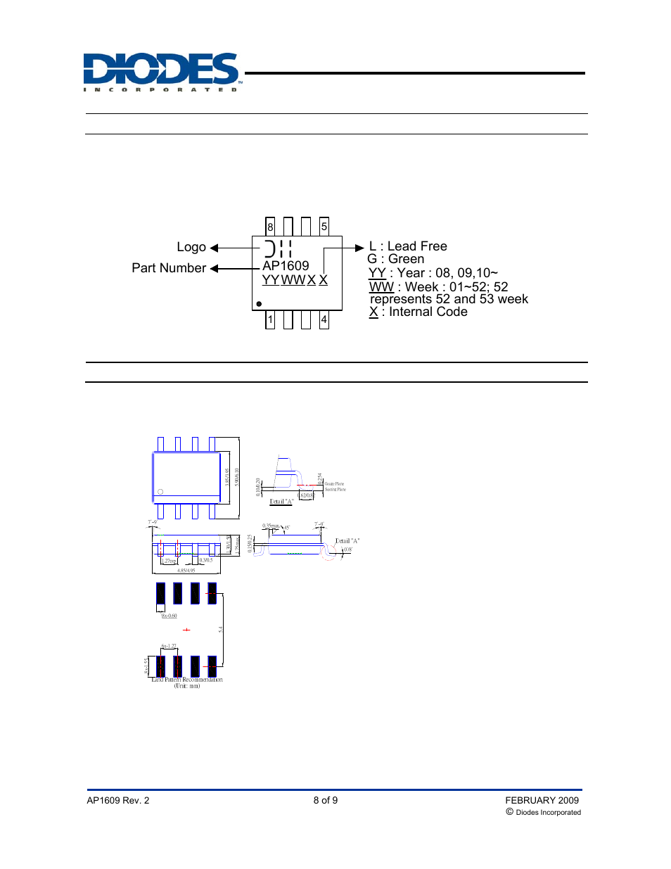 Ap1609, Marking information, Package information | Top view ) ap1609 yy ww x x logo part number, Pwm/pfm dual mode step-up dc/dc converter | Diodes AP1609 User Manual | Page 8 / 9