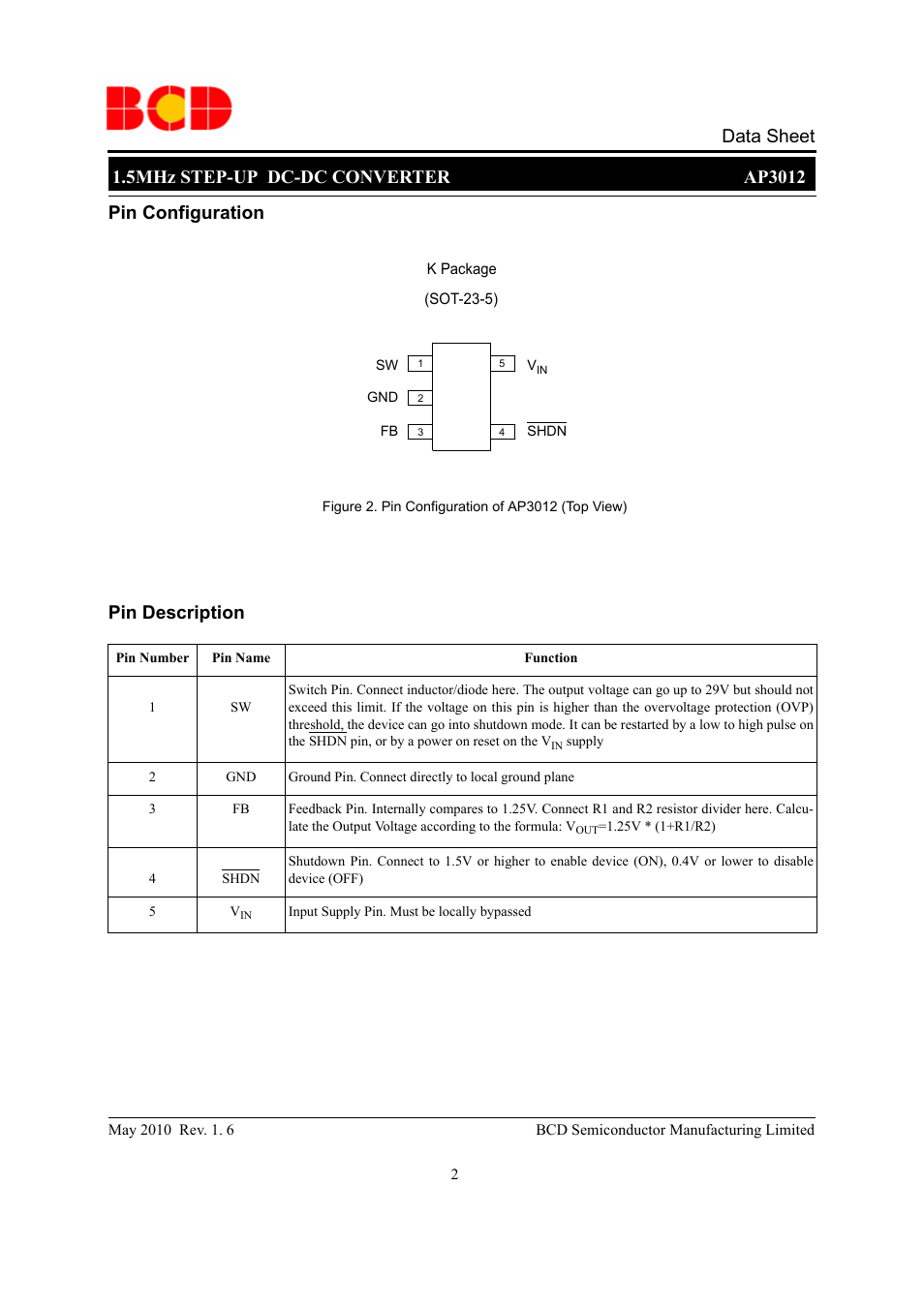 Data sheet, Pin description, Pin configuration | Diodes AP3012 User Manual | Page 2 / 11