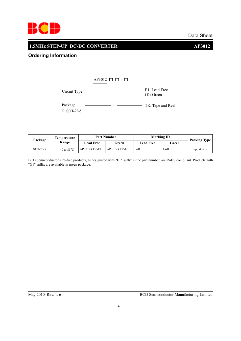 Data sheet, Ordering information | Diodes AP3012 User Manual | Page 4 / 11