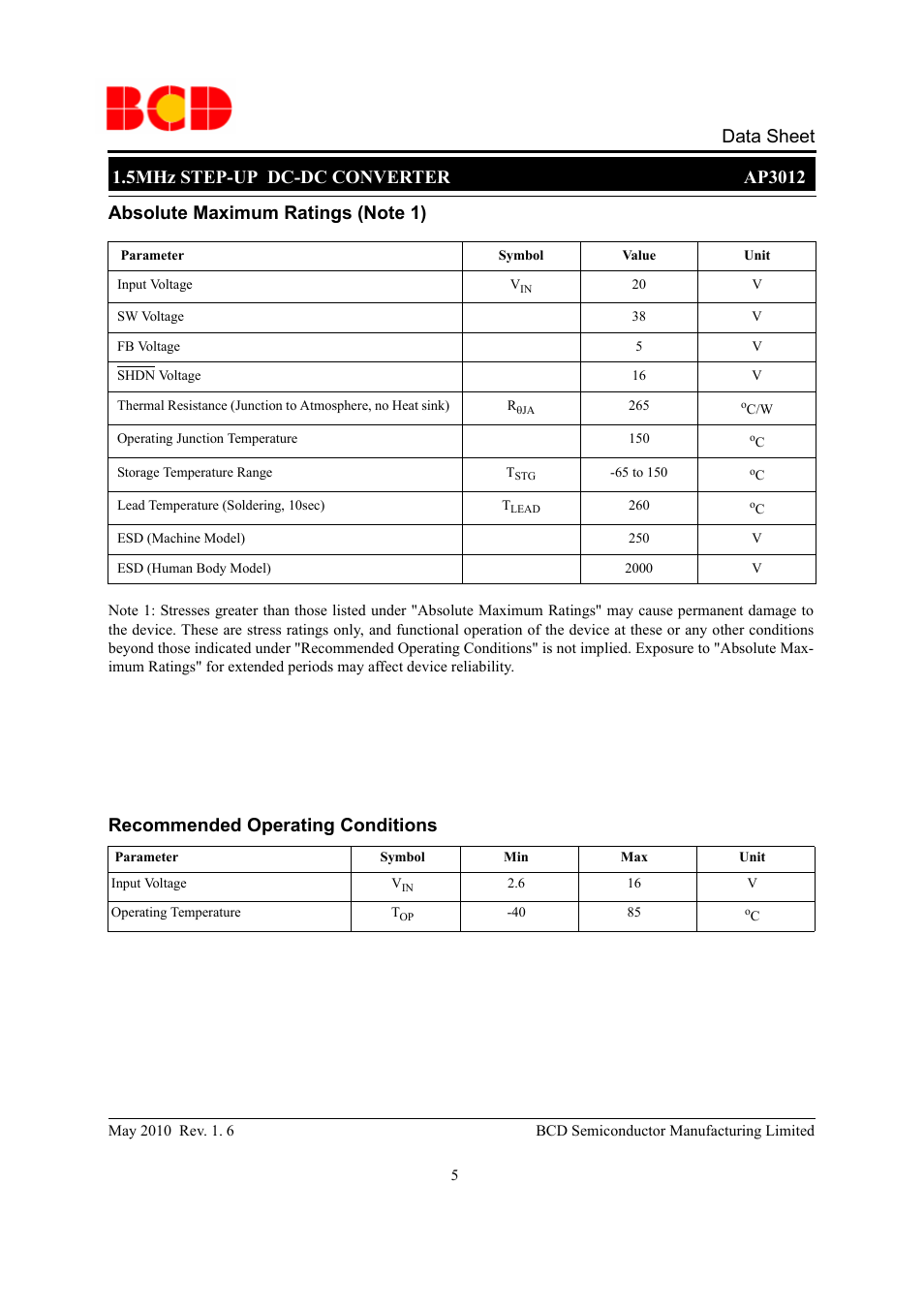 Data sheet | Diodes AP3012 User Manual | Page 5 / 11
