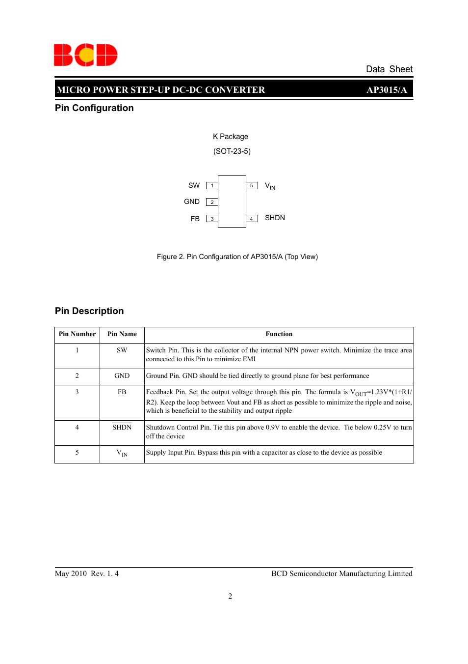 Micro power step-up dc-dc converter ap3015/a, Data sheet, Pin description | Pin configuration | Diodes AP3015/A User Manual | Page 2 / 11