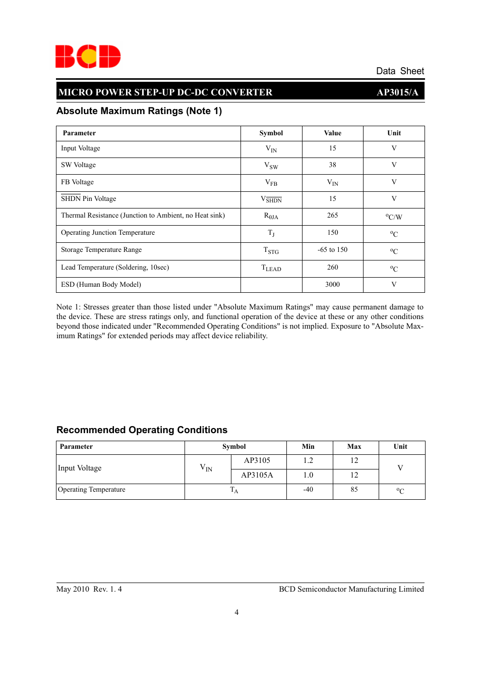 Micro power step-up dc-dc converter ap3015/a, Data sheet | Diodes AP3015/A User Manual | Page 4 / 11