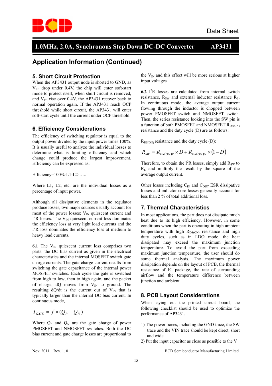 Data sheet, Application information (continued), Short circuit protection | Efficiency considerations, Thermal characteristics, Pcb layout considerations, Qf i, Dr d r r, Ч + ч = 1 | Diodes AP3431 User Manual | Page 15 / 19