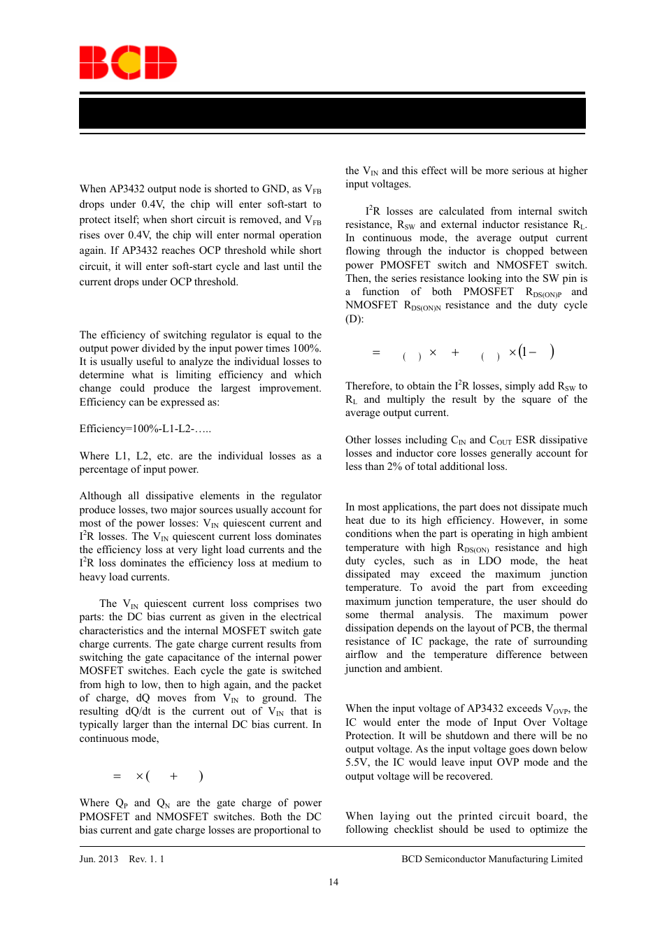 Data sheet, Application information (continued), Short circuit protection | Efficiency considerations, Thermal characteristics, Input over voltage protection, Pc board layout considerations, Qf i, Dr d r r | Diodes AP3432 User Manual | Page 14 / 18