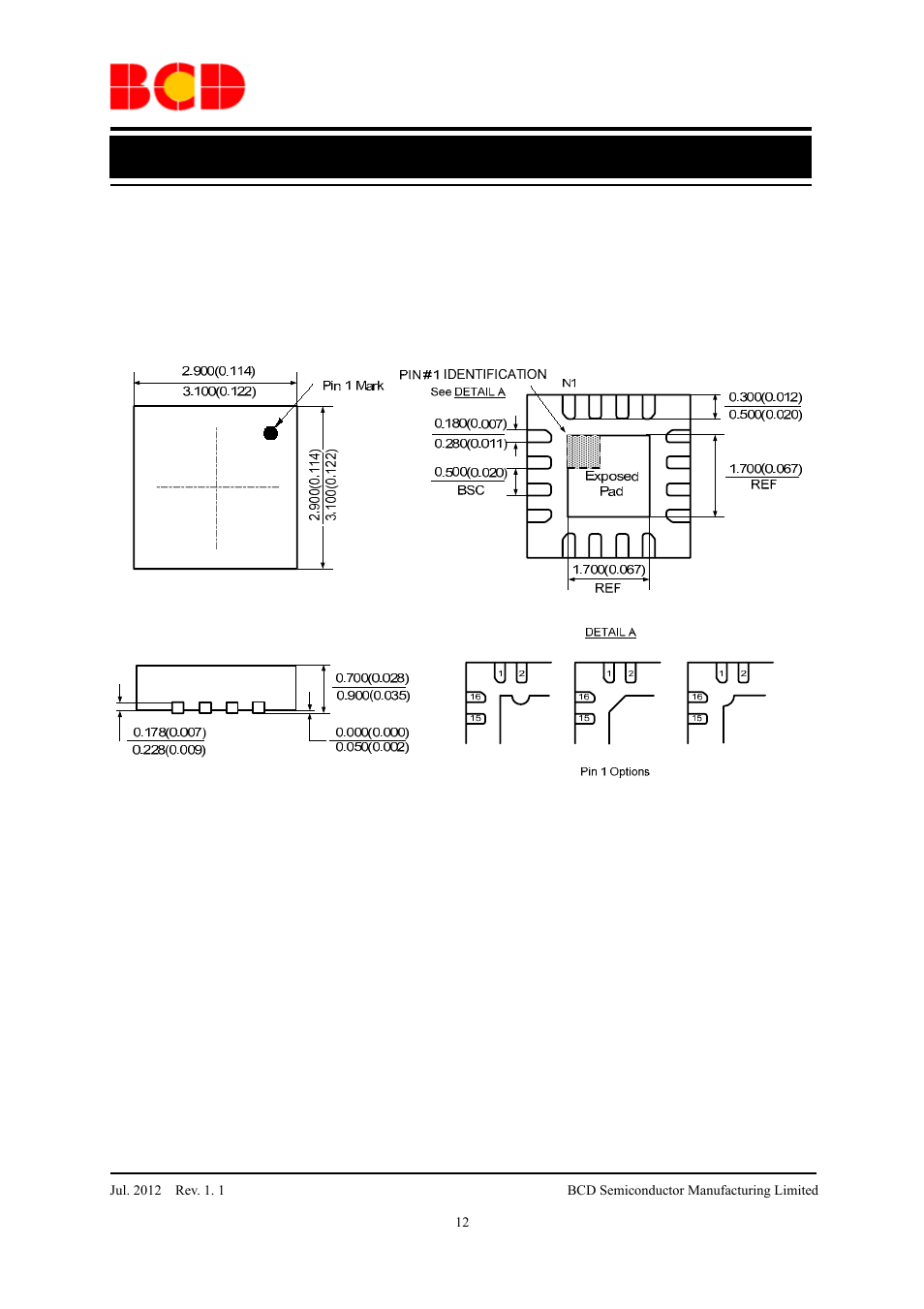 Preliminary datasheet, Mechanical dimensions qfn-3×3-16 unit:mm(inch) | Diodes AP3433 User Manual | Page 12 / 13