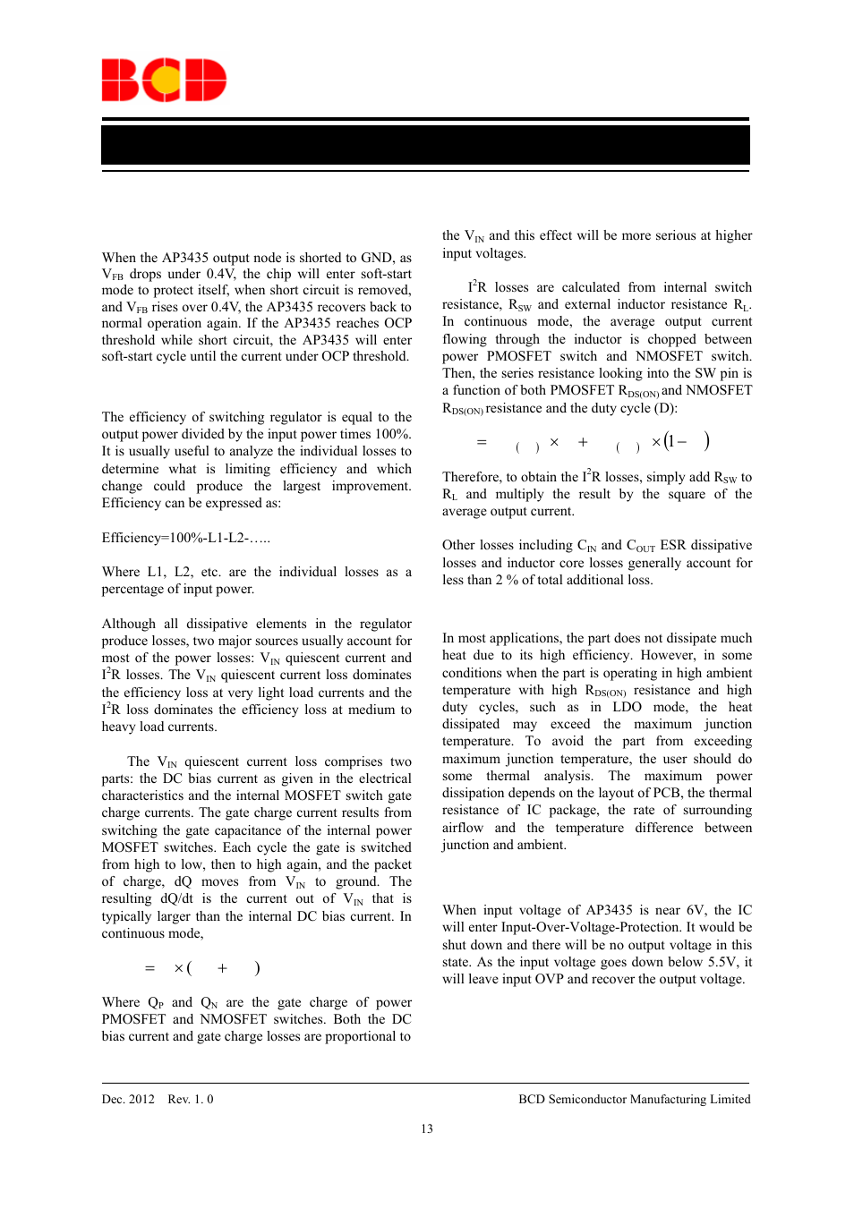 Preliminary datasheet, Application information (continued), Short circuit protection | Efficiency considerations, Thermal characteristics, Input over voltage protection, Qf i, Dr d r r, Ч + ч = 1 | Diodes AP3435 User Manual | Page 13 / 17