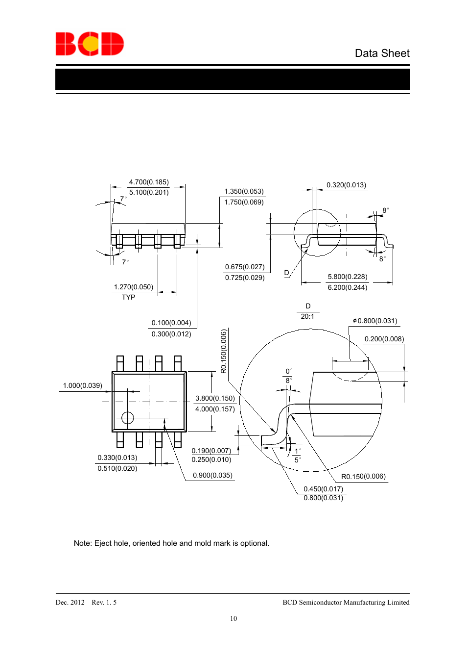 Data sheet, Mechanical dimensions soic-8 unit: mm(inch) | Diodes AP3502E User Manual | Page 10 / 11