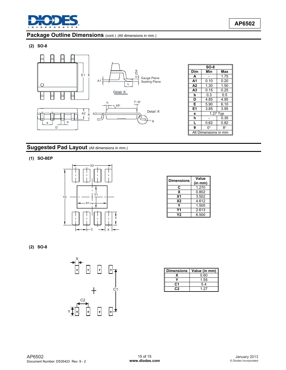 New prod uc t ap6502, Package outline dimensions, Suggested pad layout | Diodes AP6502 User Manual | Page 14 / 15