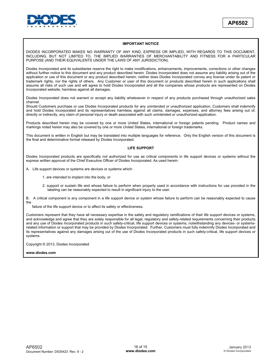 New prod uc t ap6502 | Diodes AP6502 User Manual | Page 15 / 15