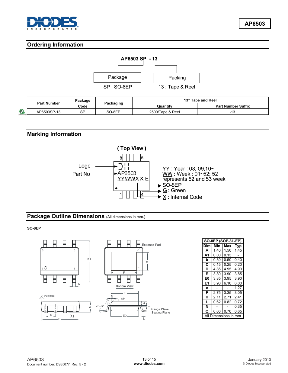 Ap6503, Ordering information, Marking information | Package outline dimensions | Diodes AP6503 User Manual | Page 13 / 15