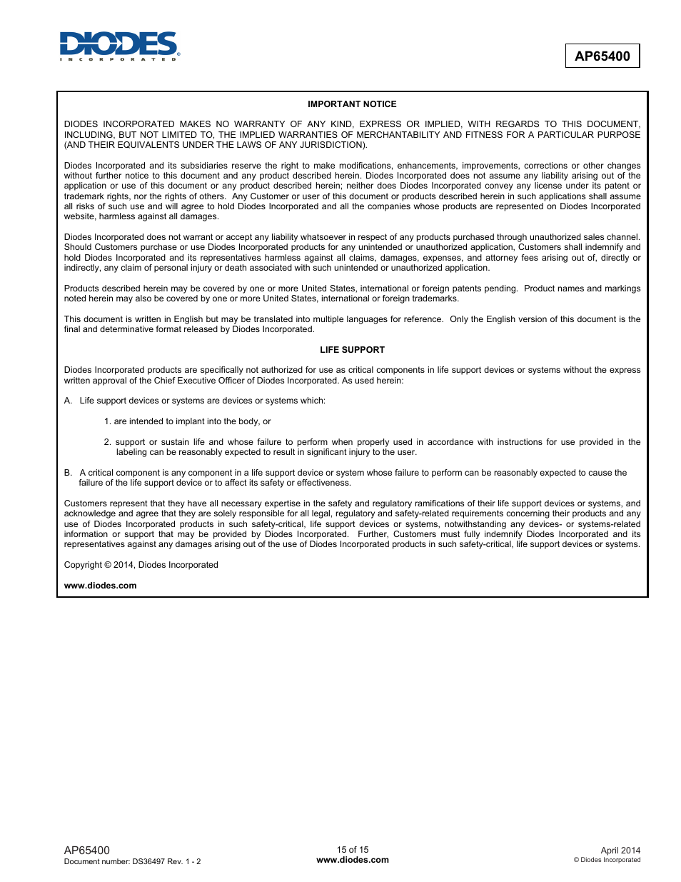 Diodes AP65400 User Manual | Page 15 / 15