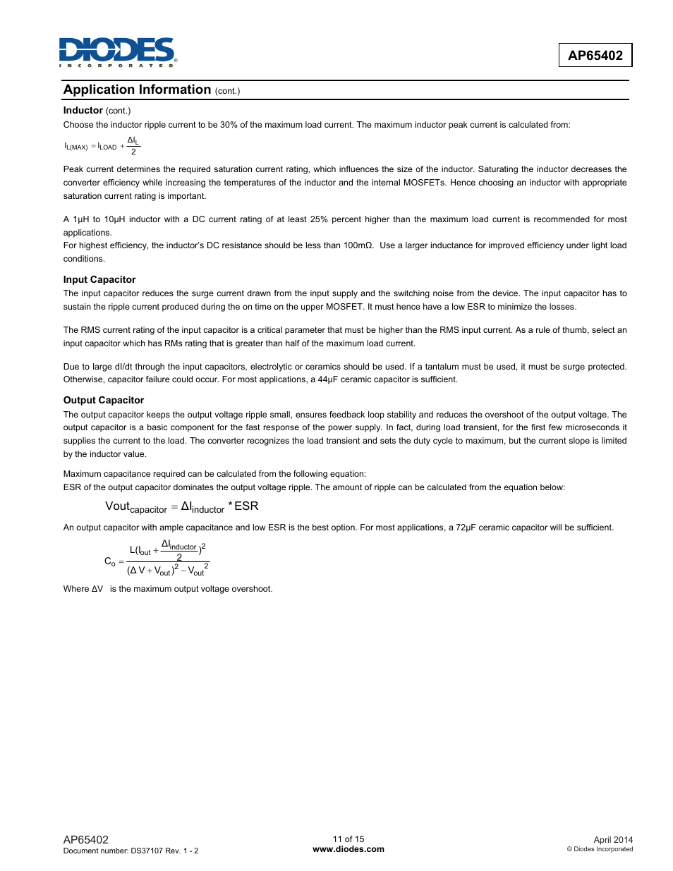 Application information, Esr * ∆i vout | Diodes AP65402 User Manual | Page 11 / 15