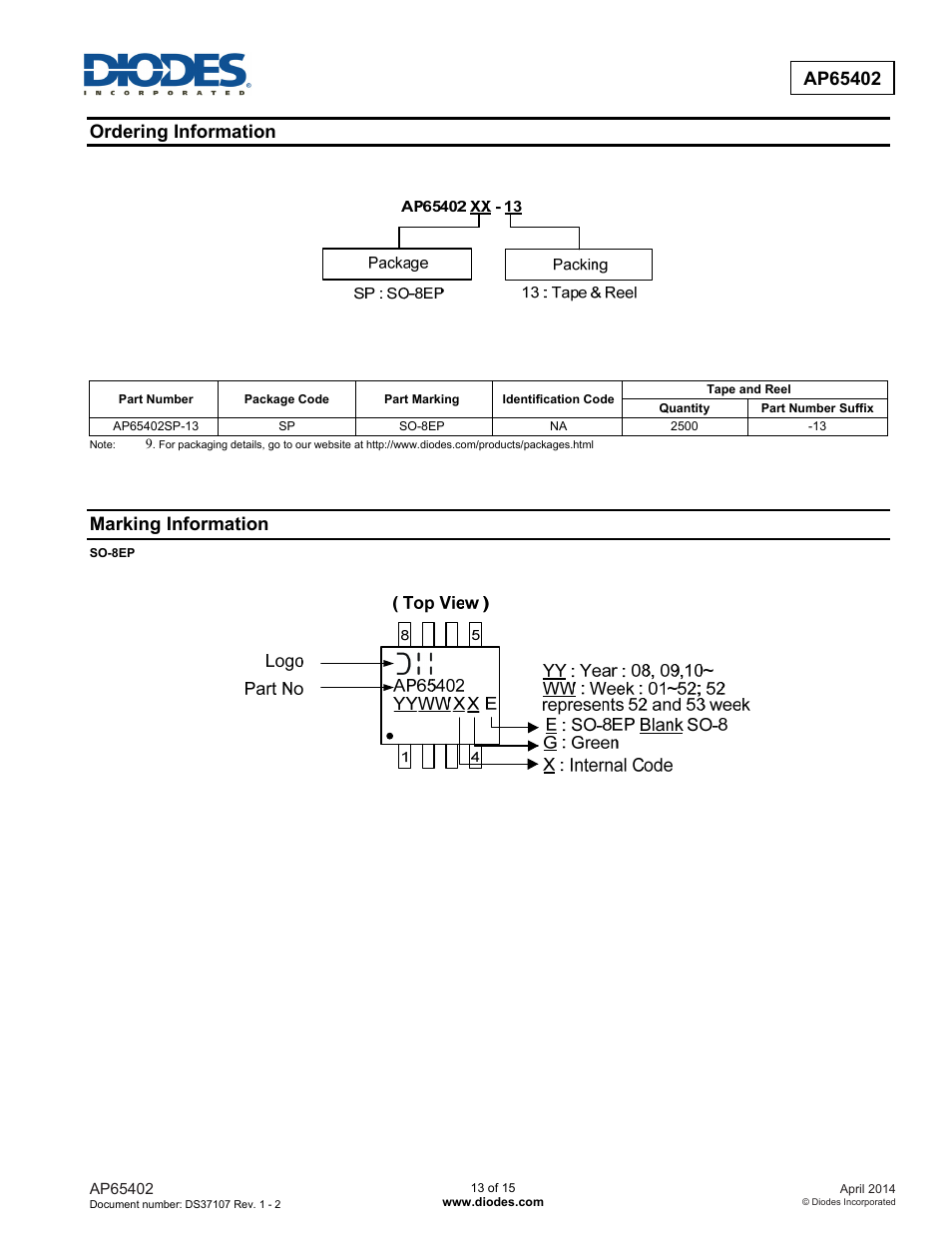 Ordering information, Marking information | Diodes AP65402 User Manual | Page 13 / 15