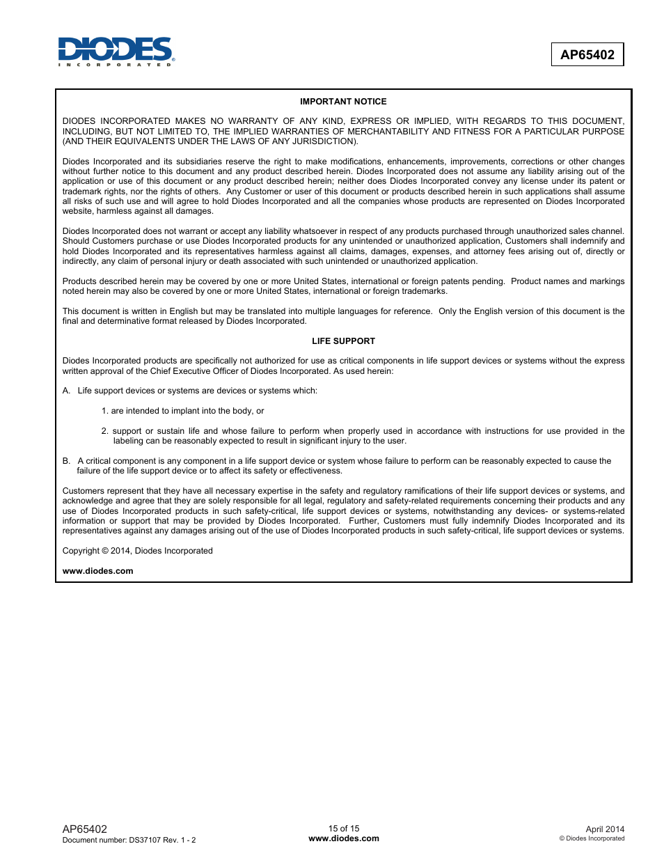 Diodes AP65402 User Manual | Page 15 / 15