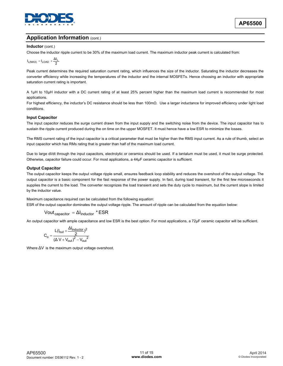 Application information, Esr * ∆i vout | Diodes AP65500 User Manual | Page 11 / 15