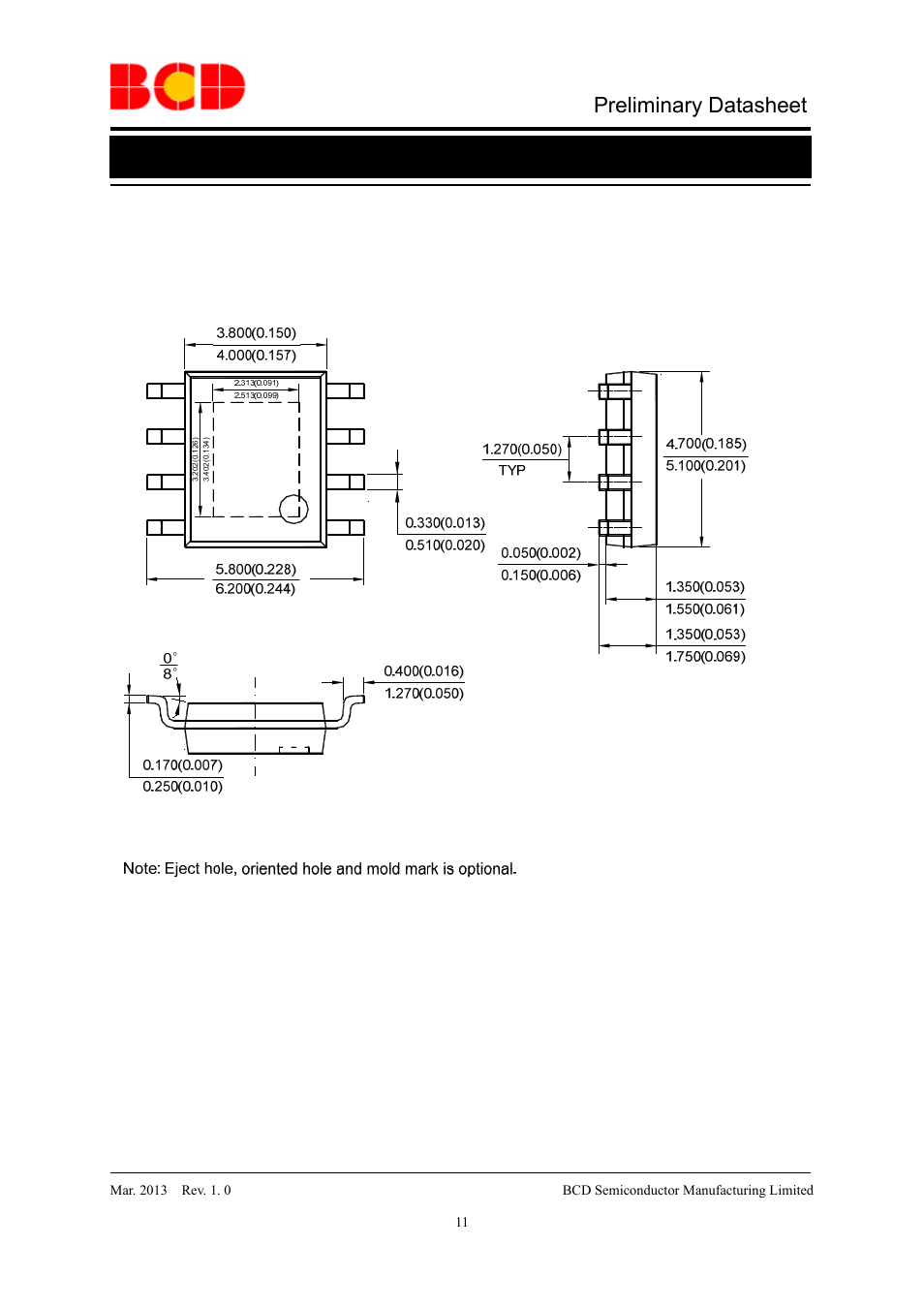 Preliminary datasheet, Mechanical dimensions psop-8 unit: mm(inch) | Diodes AT5503 User Manual | Page 11 / 12