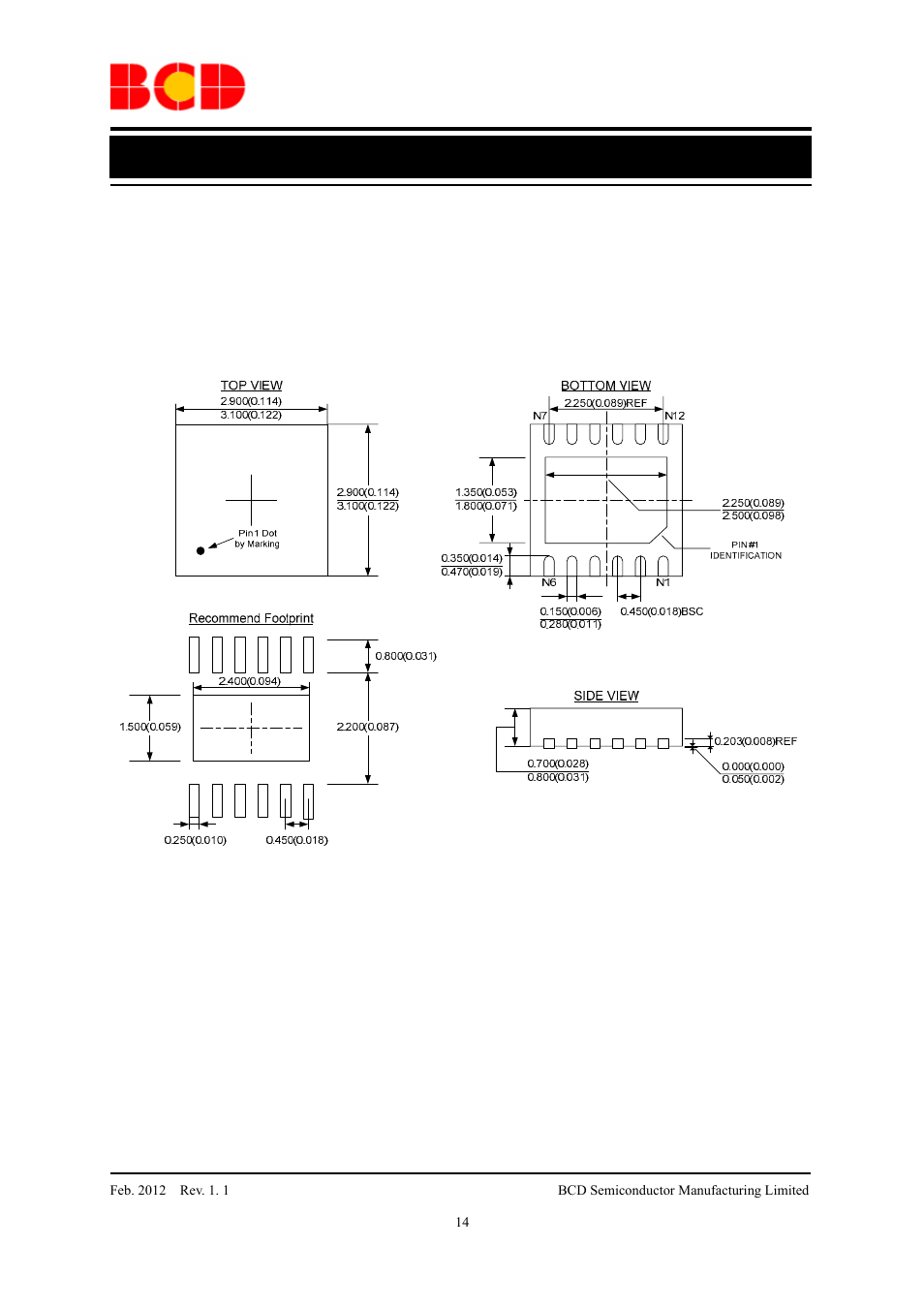 Data sheet, Mechanical dimensions wdfn-3×3-12 unit: mm(inch) | Diodes AUR9707 User Manual | Page 14 / 15