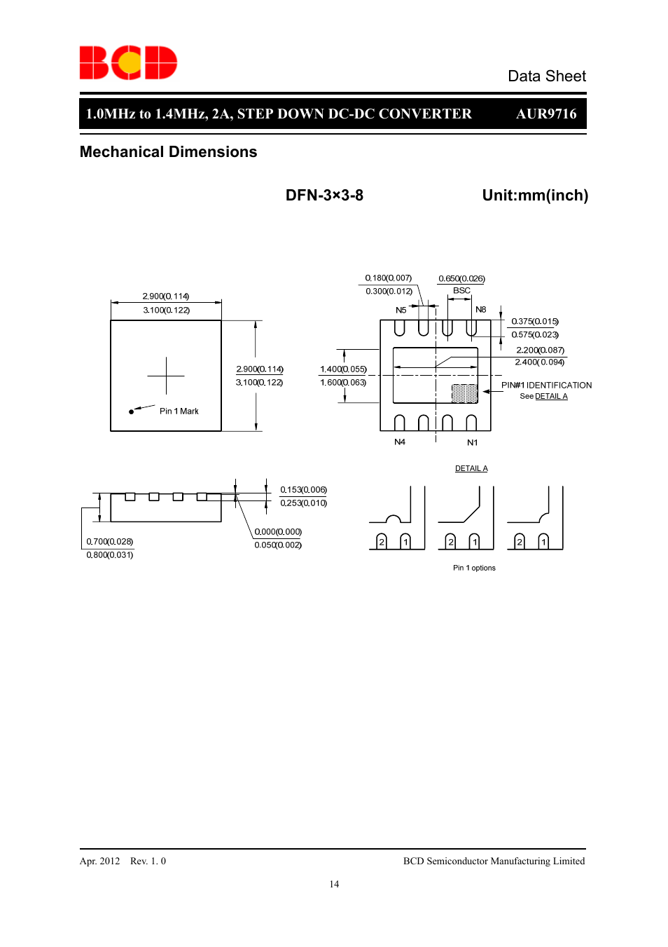 Data sheet, Mechanical dimensions, Dfn-3×3-8 unit:mm(inch) | Diodes AUR9716 User Manual | Page 14 / 15
