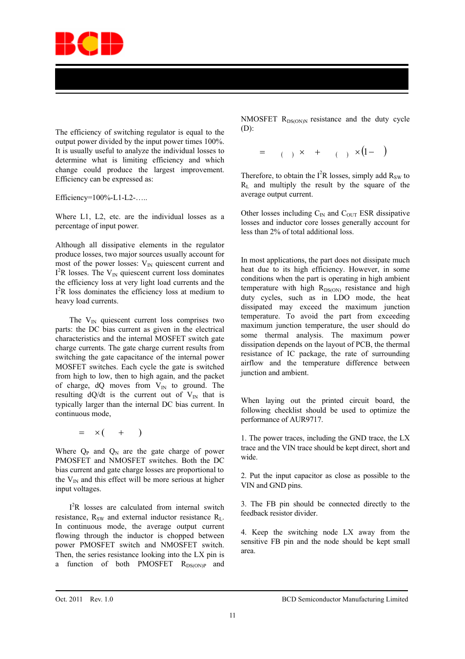 Data sheet, Application information (continued), Efficiency considerations | Thermal characteristics, Pc board layout considerations, Qf i, Dr d r r, Ч + ч = 1 | Diodes AUR9717 User Manual | Page 11 / 14