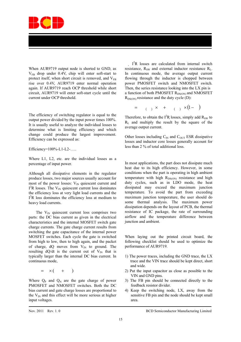 Data sheet, Application information (continued), Short-circuit protection | Efficiency considerations, Thermal characteristics, Pcb layout considerations, Qf i, Dr d r r, Ч + ч = 1 | Diodes AUR9719 User Manual | Page 15 / 19