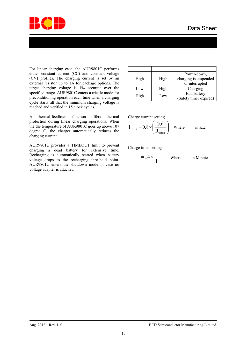 Data sheet, Li-ion/li polymer battery charger aur9801c, Operation overview | Nf c time | Diodes AUR9801C User Manual | Page 10 / 14