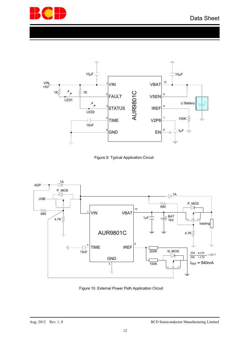 Data sheet, Li-ion/li polymer battery charger aur9801c, Application circuit | Au r 9801 c, Aur9801c | Diodes AUR9801C User Manual | Page 12 / 14