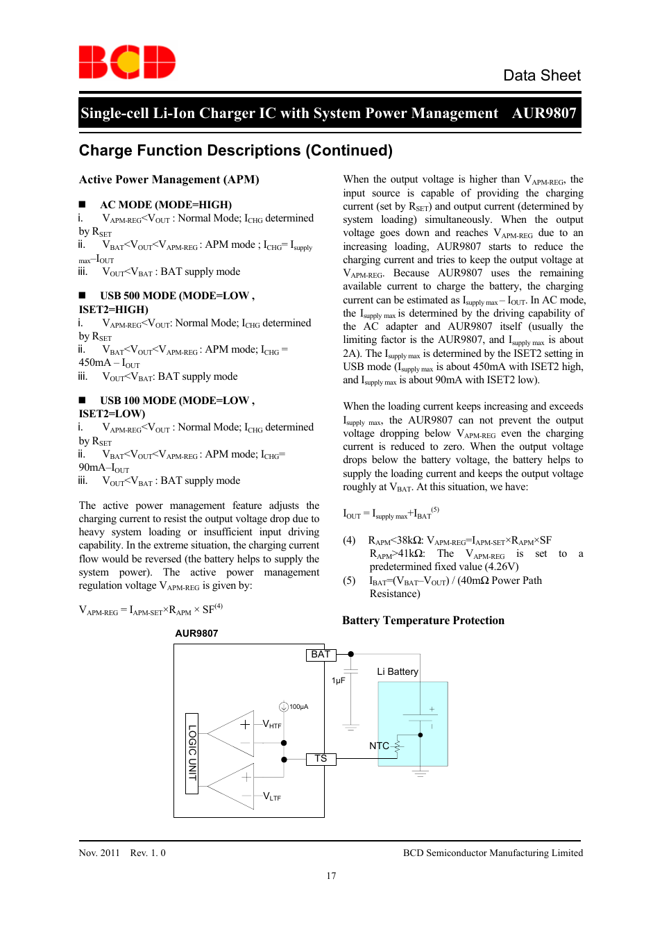 Data sheet, Charge function descriptions (continued) | Diodes AUR9807 User Manual | Page 17 / 24