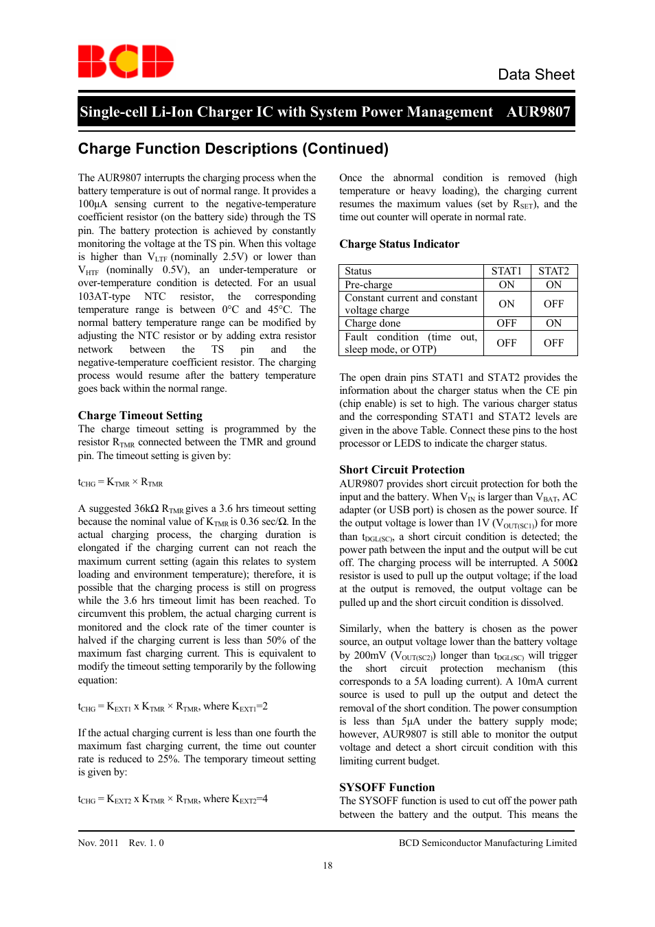 Data sheet, Charge function descriptions (continued) | Diodes AUR9807 User Manual | Page 18 / 24