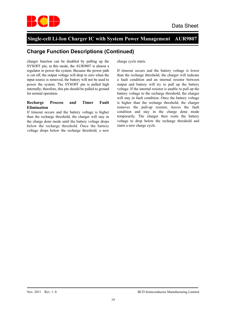 Data sheet, Charge function descriptions (continued) | Diodes AUR9807 User Manual | Page 19 / 24