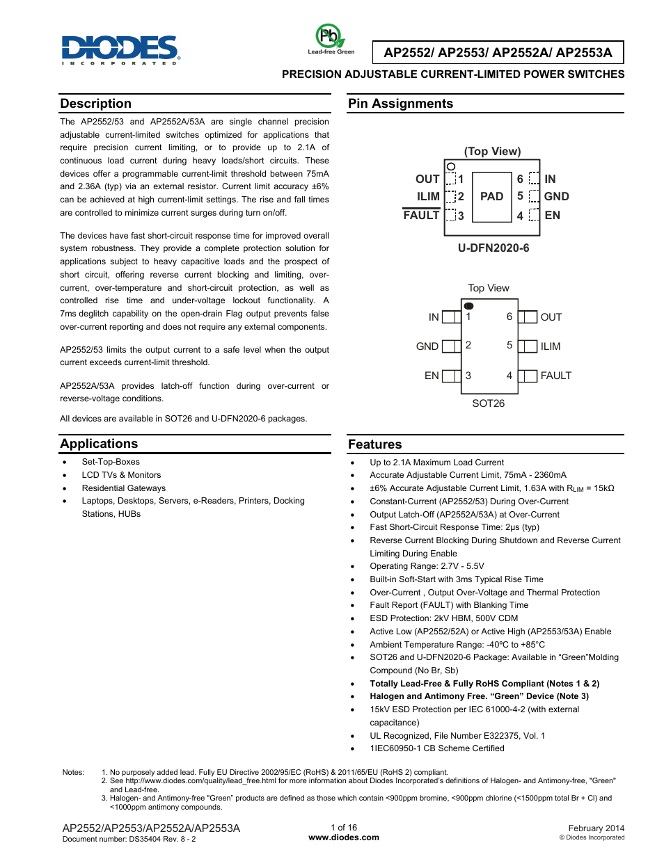Diodes AP2552/ AP2553/ AP2552A/ AP2553A User Manual | 16 pages