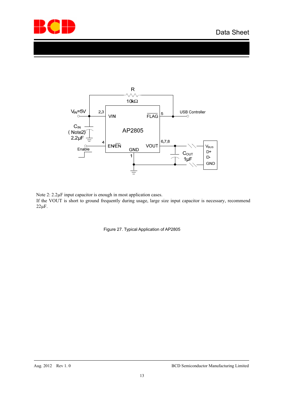 Data sheet, Typical application | Diodes AP2805 User Manual | Page 13 / 16